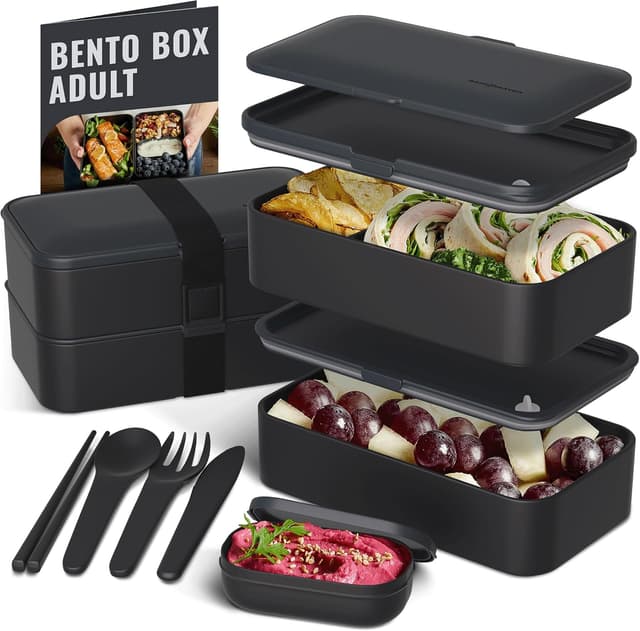 Detalle de Bentoheaven Premium Bento Box Adult Lunch Box (Microwavable) with Compartments, Utensils & Chopsticks