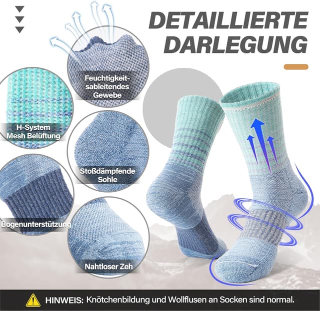 Detalle de MOSEY KOSY Merino Damen-Wandersocken (Thermosocken), 5 Paar – atmungsaktiv & gepolsterte Fußsohle