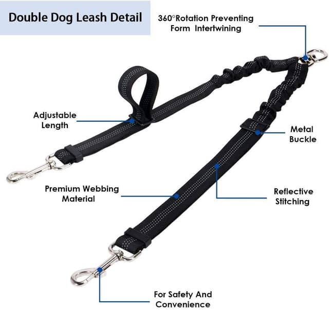 Detalle de Kelivi Double Dog Lead Coupler (No Tangle 360° swivel) – heavy-duty adjustable bungee double leash for two dogs