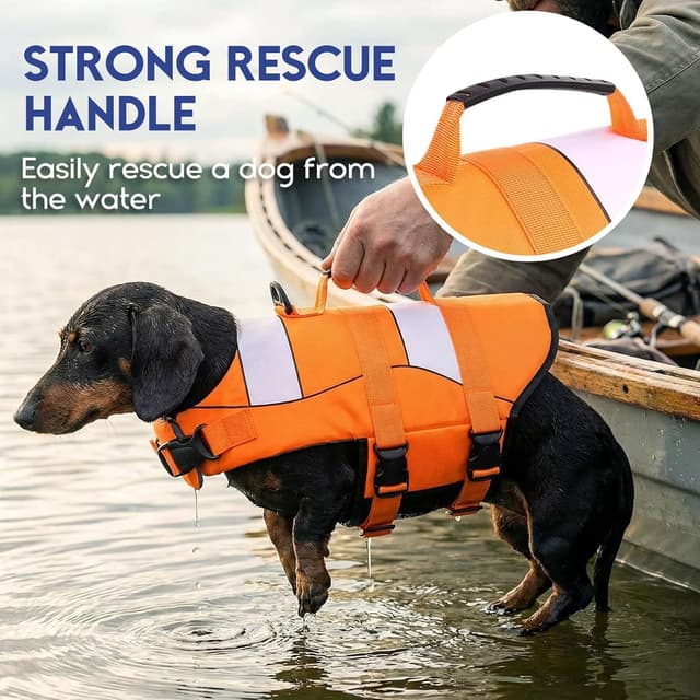 Detalle de ASENKU Hundeschwimmweste Klein M mit Rettungsgriff – reflektierende Streifen für Bootfahren, Baden & Wassersport