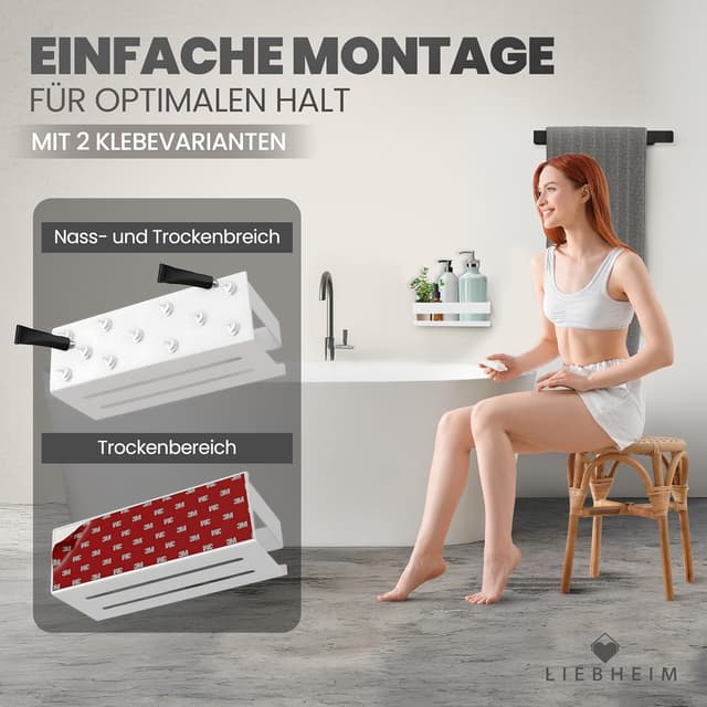 Detalle de LIEBHEIM Duschablage ohne Bohren – Badregal & Duschkorb-Organizer für Dusche und Badezimmer