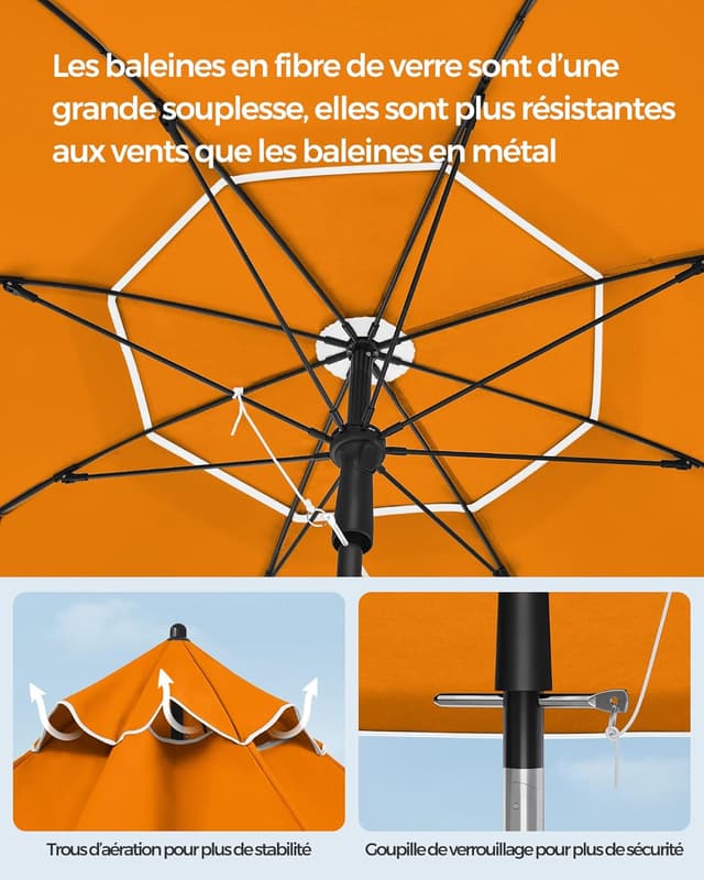 Detalle 2 de SONGMICS Parasol orange de 160 cm avec UPF 50+ inclinable sur 30° dans les deux sens, hauteur réglable (sans base)