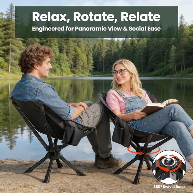 Detalle de Feelnais Folding Camping Chair (360° Swivel) — Lightweight, Portable, No-Assembly Outdoor Chair for Adults