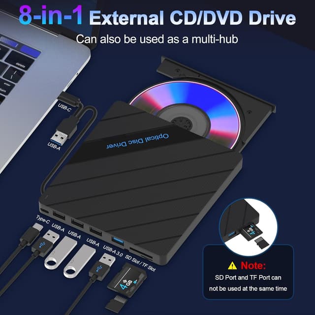 Detalle de 8-in-1 External CD/DVD Drive for Laptop (USB 3.0 Type-C) with SD/TF Slots & 4 USB Ports