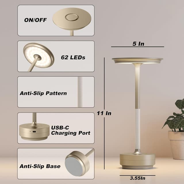 Thumbnail 6 de TBBGA 2-Pack Rechargeable Cordless Table Lamps with Stepless Dimming (Champagne Gold)