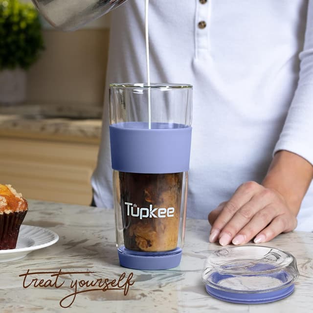 Detalle de Tupkee 14 oz Double-Wall Glass Travel Cup with Hand-Blown Borosilicate, Lid & Silicone Sleeve (Jacaranda)