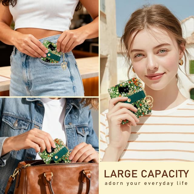 Detalle 2 de Jogjam Black Cat Floral RFID Women Wallet – Small Slim Bifold Credit Card Wallet with Zipper Coin Pocket