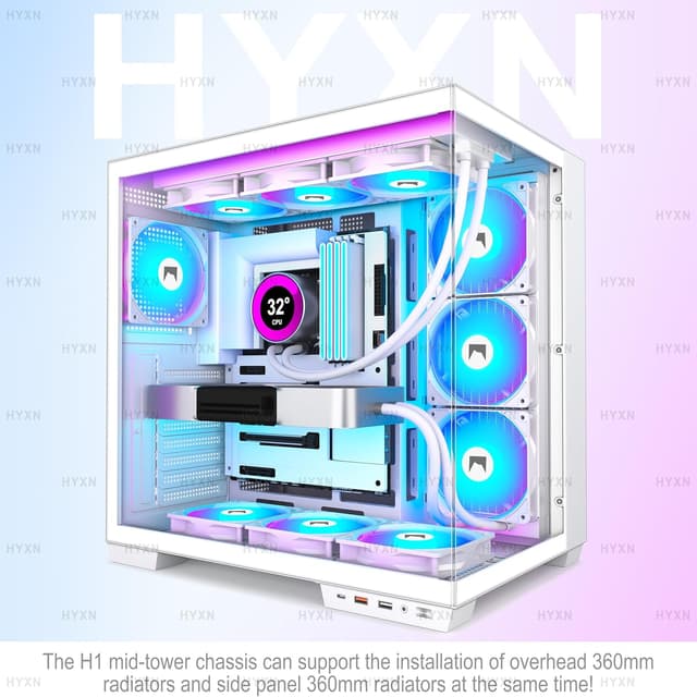 Detalle de HYXN H1 ATX PC-Gehäuse mit Dual-Kammer-Design, Type-C & 7 vorinstallierten PWM ARGB-Lüftern (weiß)