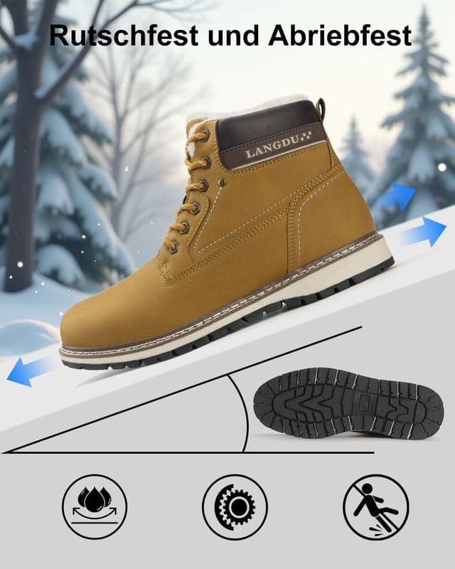 Detalle 2 de Bottes d’hiver homme en cuir synthétique LANGDU fourrure chaude, semelle antidérapante et lacets (41–46 EU)