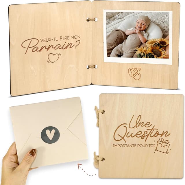 Detalle de Demande marraine & demande parrain en bois avec enveloppe et photo bébé