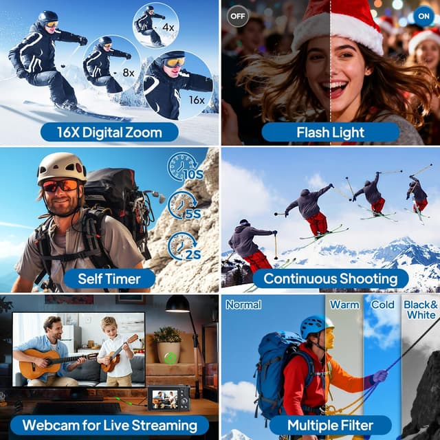 Detalle de Focusinc 4K 56MP Digital Camera with 3" 180° Flip Screen, Autofocus & 16x Zoom for Vlogging