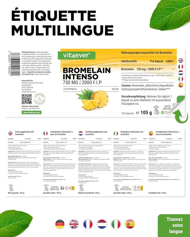 Detalle 2 de Bromélaïne Intenso 750 mg (2000 F.I.P) – 120 gélules gastro-résistantes, extrait naturel d’ananas