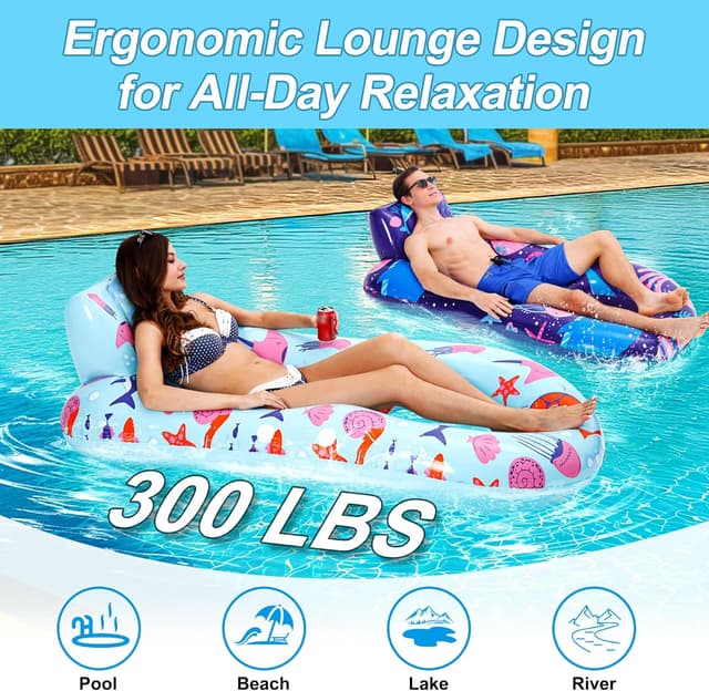 Detalle de PuppyuWill 2 Pack Inflatable Pool Lounger Floats for Adults (Heavy-Duty with Cup Holder, Backrest & Footrest)