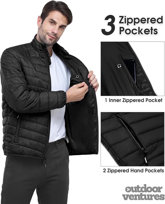 Detalle de Outdoor Ventures Herren Steppjacke packbar – leichte, warme Übergangsjacke wasserabweisend mit 3 Taschen