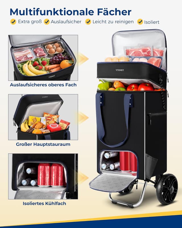 Detalle 2 de Ytonet Einkaufstrolley klappbar mit Kühlfach (3 Fächer, 55 Liter, bis 68 kg) – Shopping Trolley & Tasche, schwarz