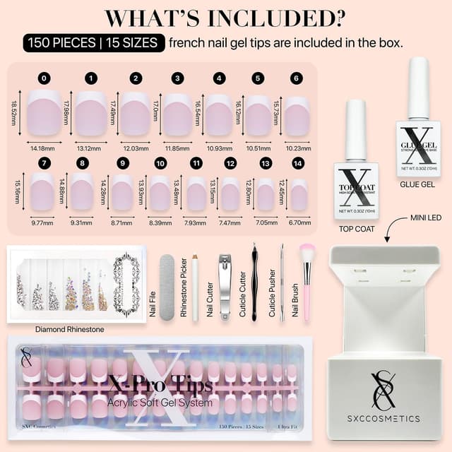 Detalle de SXC Cosmetics French Tip Press On Nails Pink Series (XS Square X-Pro Tips Starter Kit)