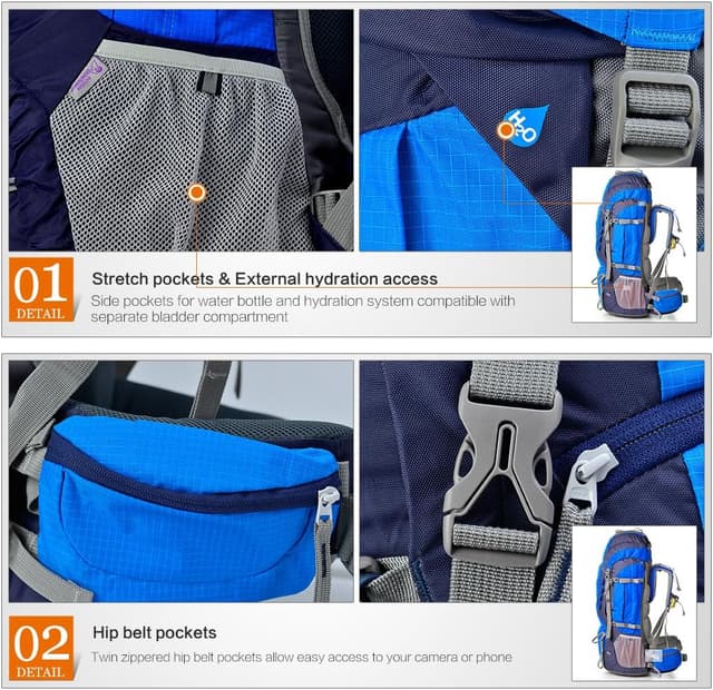 Detalle 2 de MOUNTAINTOP Trekkingrucksack 80L (80 Liter) – Wanderrucksack für Herren & Damen mit Regenschutz