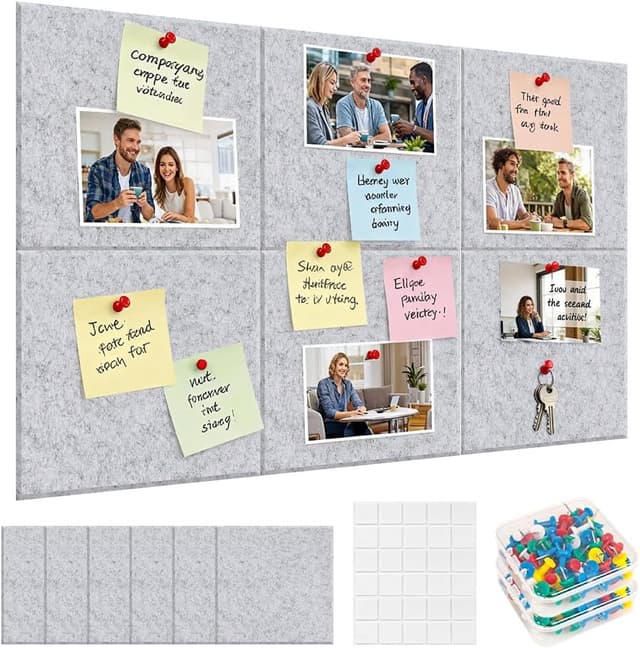 Detalle de DASIAUTOEM Filz Pinnwand-Set (6 Stück) 30 x 30 cm – Kork-/Kleidboard-Optik für Büro, Schule & Zuhause (Silbergrau)