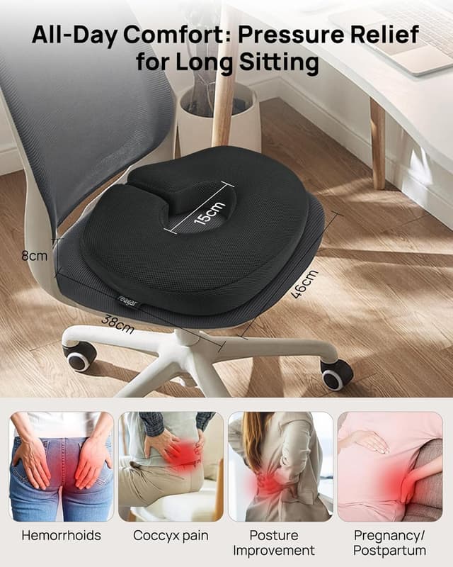 Detalle 2 de Feagar Hämorrhoiden Sitzkissen mit Sitzring & Memory-Schaum – Steißbein-Entlastung für Büro, Auto und Rollstuhl