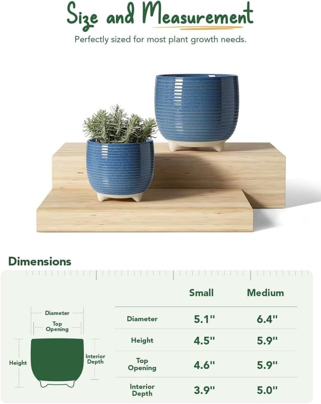 Detalle de LE TAUCI Ceramic Plant Pots (12cm & 16cm footed planters) with drainage – reactive glaze blue