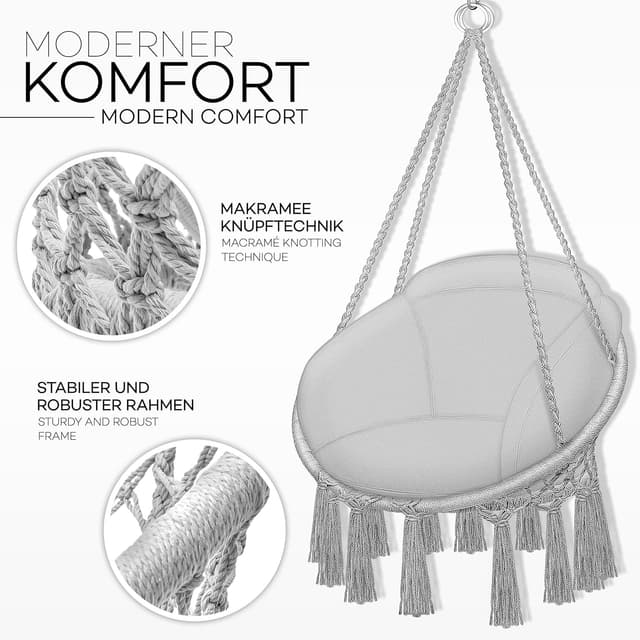 Detalle 2 de tillvex Hängesessel mit großem Kissen bis 200 kg, wetterfester Hängekorb