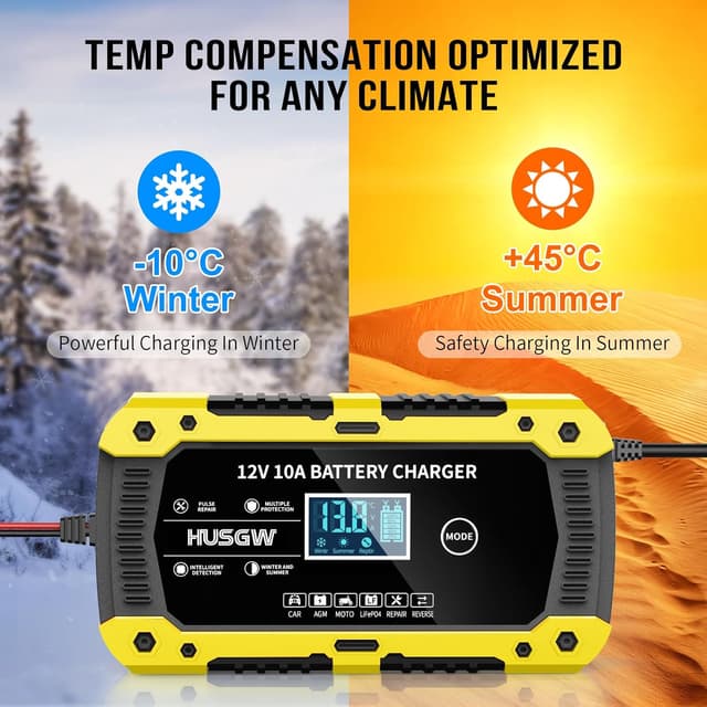 Detalle de Caricabatterie auto e moto 12V 10A con display LCD e multi-protezioni (modalità CAR, AGM, MOTO, LiFePO4, REPAIR) – Giallo 10A