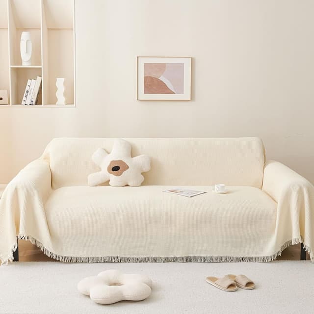 Detalle de LHGOGO Waffle Weave Large Sofa Throw (180x230cm) in Cream
