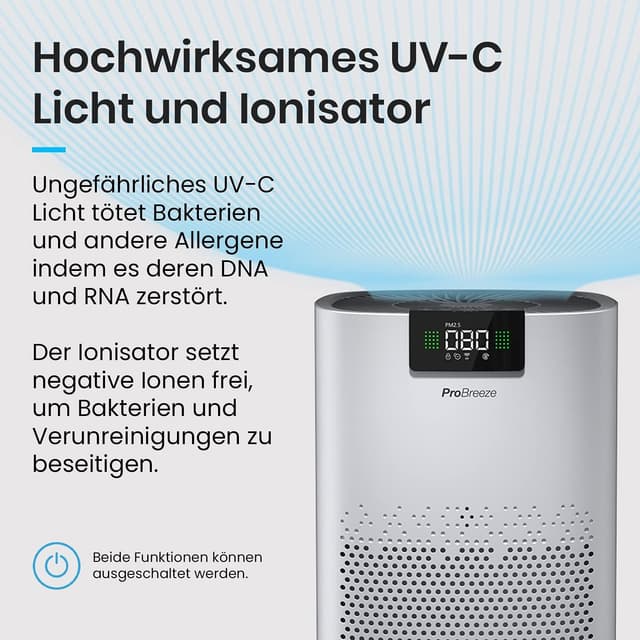 Detalle 2 de Pro Breeze Luftreiniger mit HEPA 13 Filter, UV-C Lampe & Luftionisierer (CADR 460 m³/h) – für Räume bis 140 m²