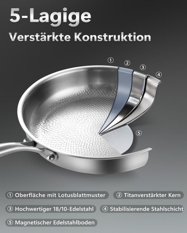 Detalle de Abijan Edelstahlpfanne 28 cm mit Deckel (unbeschichtet, 18/10) – titanverstärkter Boden bis 250 °C