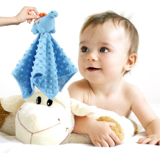 Detalle de CREVENT Baby Comforter for Sleeping (Mink Dot Front + Fleece Back) – Blue Dinosaur Plush Security Blanket, 34 x 34 cm