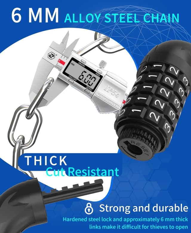 Detalle de MUPAS Fahrrad-Zahlenschloss mit 5-stelligem Code und gehärtetem Stahl (Kettenschloss)