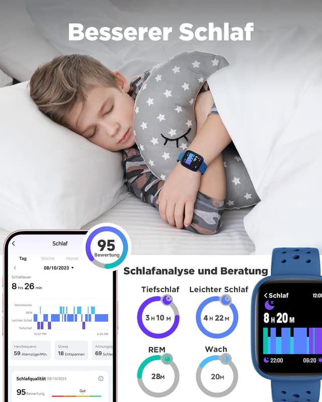 Detalle de BIGGERFIVE BRAVE 2 Smartwatch Kinder (1,8") – Schrittzähler, 24/7 Puls & Schlafmonitor, IP68, Blau