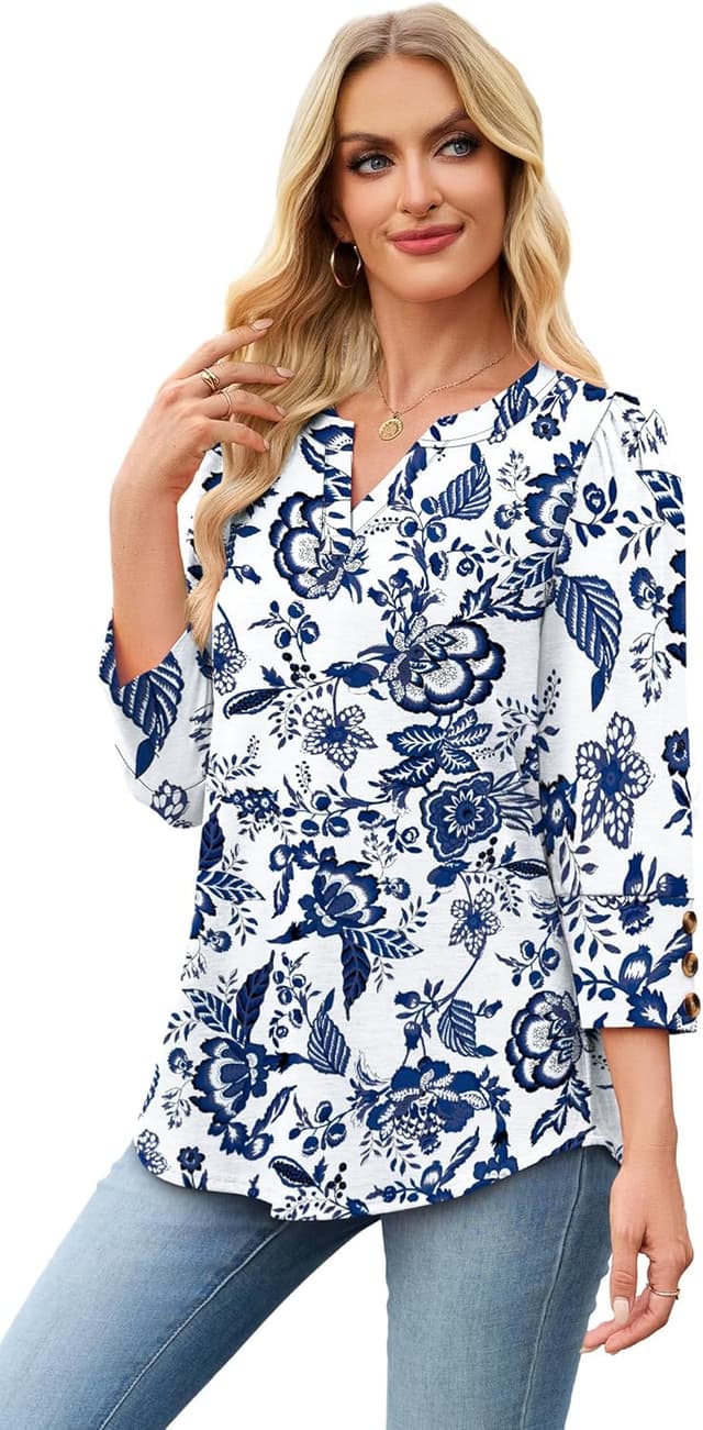 Detalle 2 de WIHOLL 3/4 Sleeve V-Neck Blouse with Triple-Button Cuffs for Dressy Casual & Work