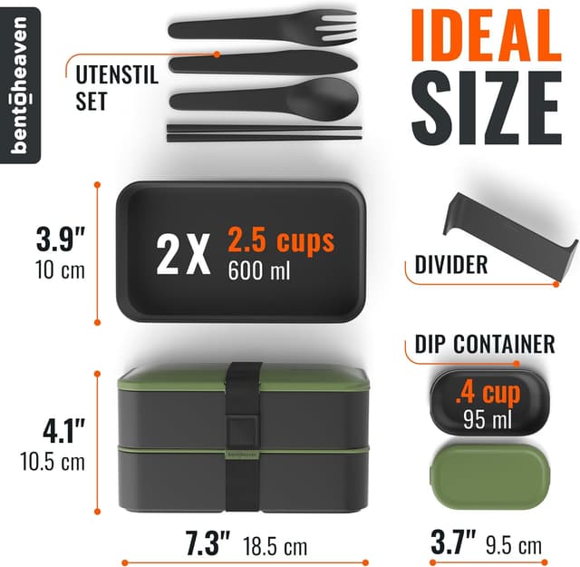 Detalle de Bentoheaven Premium Bento Box Adult Lunch Box (Microwavable, 2 Compartments, Dip Container) with Utensils & Chopsticks