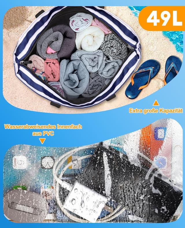 Detalle de ISEYOU Strandtasche XXL Familie mit Kühltasche (49 L) – faltbare Badetasche wasserdicht & sanddicht mit Reißverschluss