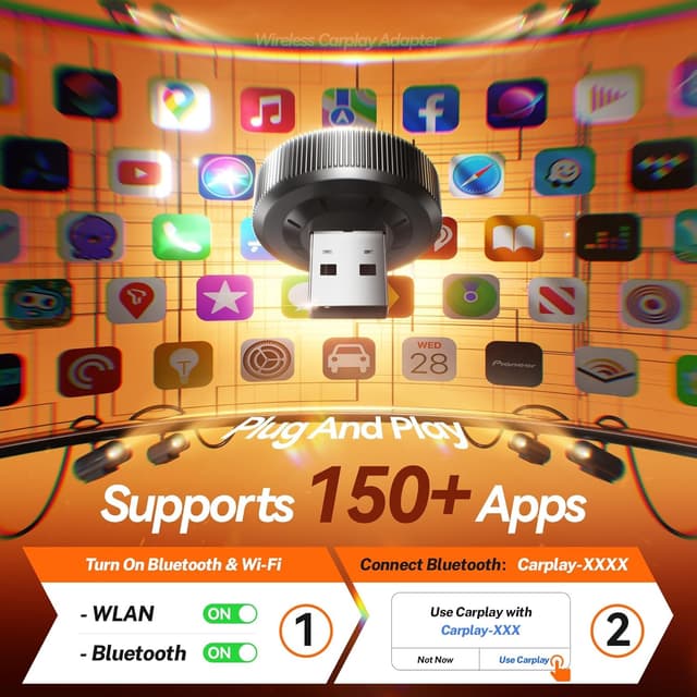 Detalle de Wireless CarPlay Adapter (60% Smaller) with 3X Auto-Connect, No Latency Plug & Play Mini Dongle for iPhone 5–17 (Deep Black)