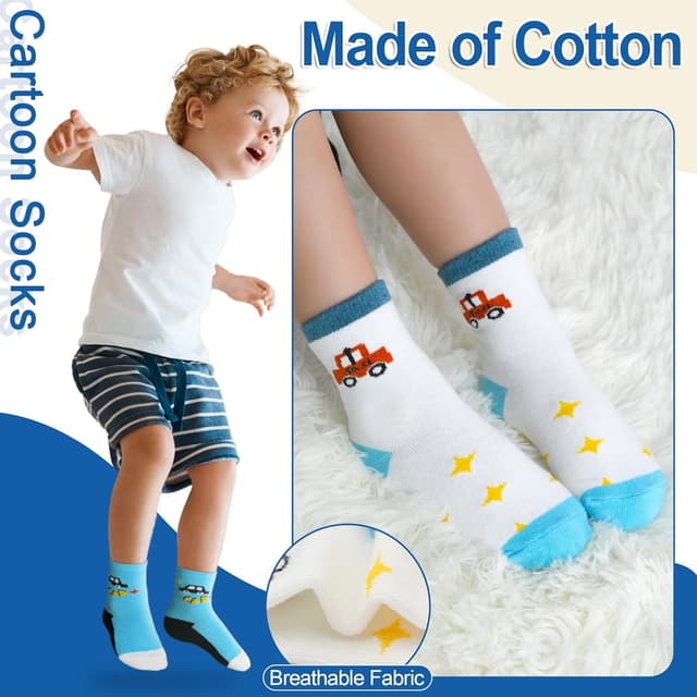 Detalle de GENTABY 12 Pairs Boys Crew Socks (Organic Cotton) – Cartoon & Striped Toddler Socks for Ages 1–7