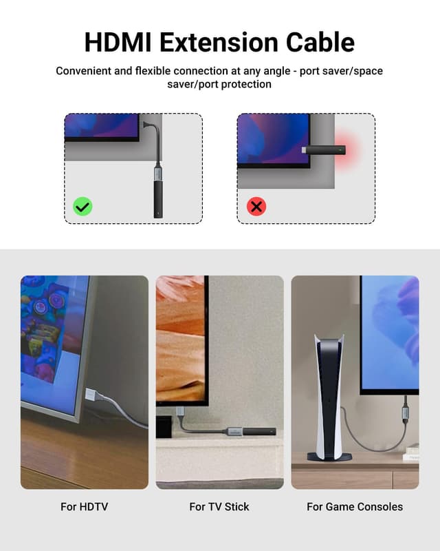 Detalle 2 de VCELINK 8K/4K HDMI Extension Cable (Male to Female) 18cm, 2-Pack – 48Gbps, up to 8K@60Hz or 4K@120Hz