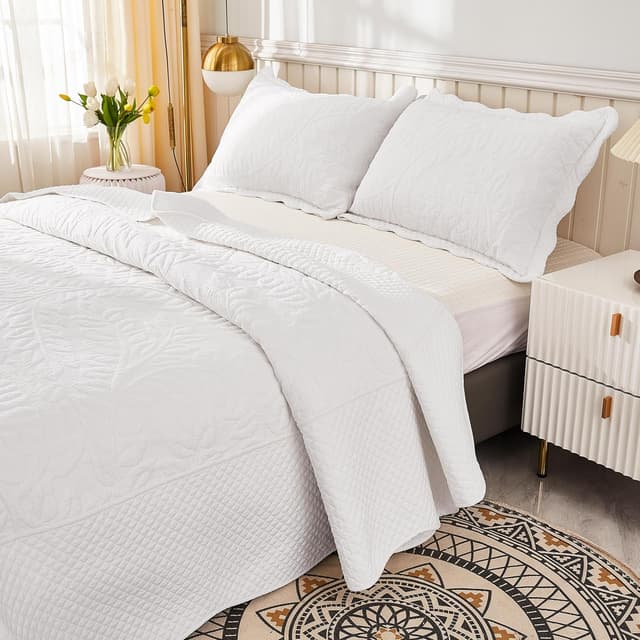 Detalle 2 de MarCielo 3-Piece 100% Cotton Oversized Bedspread Quilt Coverlet Set (Bright White, Oversized King)