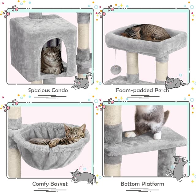 Detalle de Yaheetech albero tiragraffi per gatti con corda in sisal e palla, 80 x 39,5 x 96 cm (grigio chiaro)