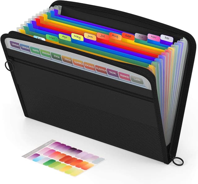 Detalle de ABC life Expanding File Organiser with Mesh Bag & Zipper Closure (A4, 13 pockets) – Rainbow accordion folder, black
