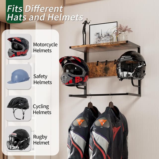 Detalle 2 de OMISRUIS Motorcycle Helmet Holder Wall Mounted with Iron & Wood Rack, 4 Glove Clips and 4 Hooks