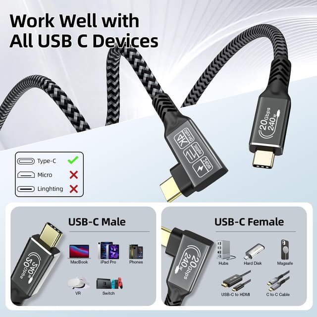 Detalle 2 de CAKOBLE 2-Pack 3m USB-C 3.2 right-angle cable (90°) for 20Gbps, up to 240W PD 3.1 and 4K/5K video