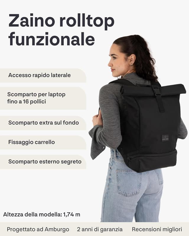 Detalle de Johnny Urban Zaino Porta PC Allen Medium Rolltop per PC fino a 16 pollici, idrorepellente