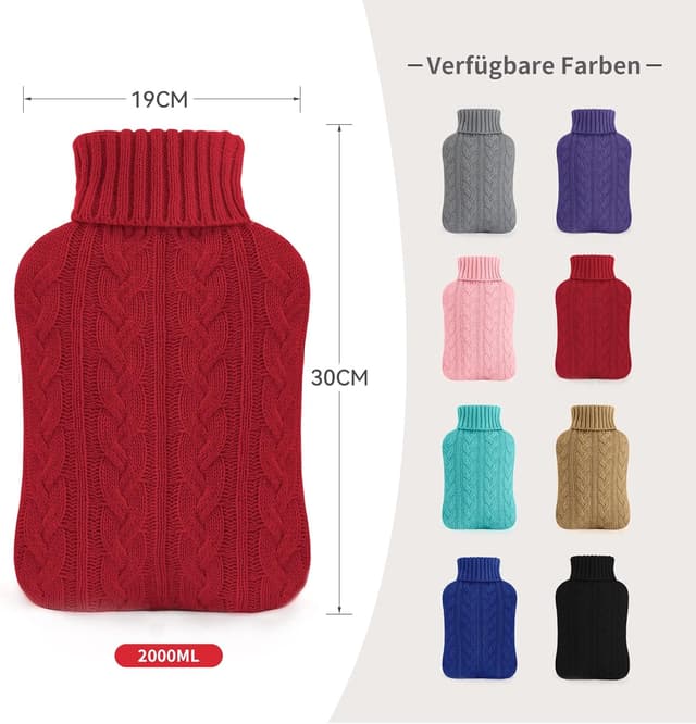 Detalle de samply Wärmflasche mit Bezug (2L) – weicher Premium-Strickbezug in Knallrot