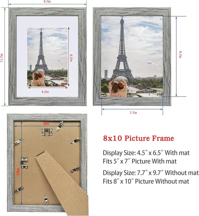Detalle 2 de Hongkee 8x10 Picture Frame Set of 2 (Grey Rustic Style) — 5x7 with Mat / 8x10 Without Mat, for Wall or Tabletop