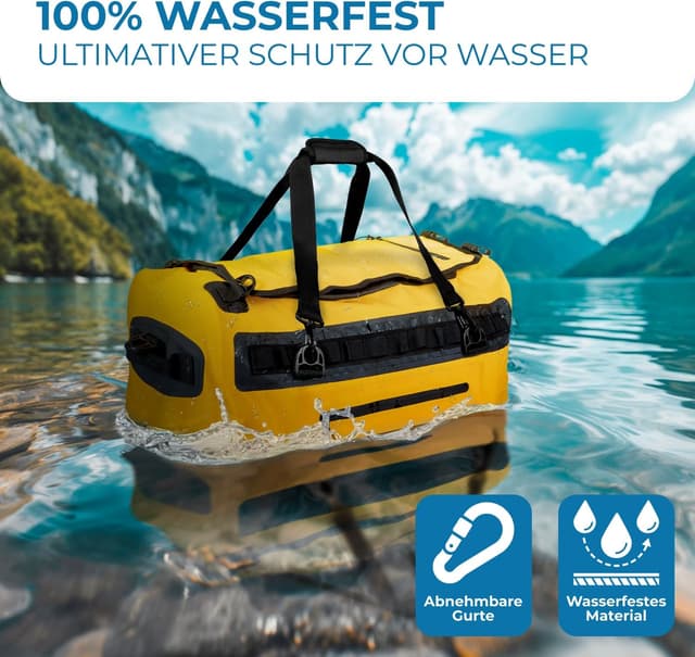 Detalle de STYNGARD Reisetasche wasserdicht mit Rucksackfunktion „Hamburg“ (60 l) – 3in1 Duffle Bag, gelb