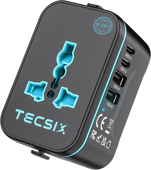 Detalle de TECSIX Weltweiter Universal-Reiseadapter mit 2 USB‑C, 2 USB‑A und AC-Steckdose (für EU/USA & mehr)