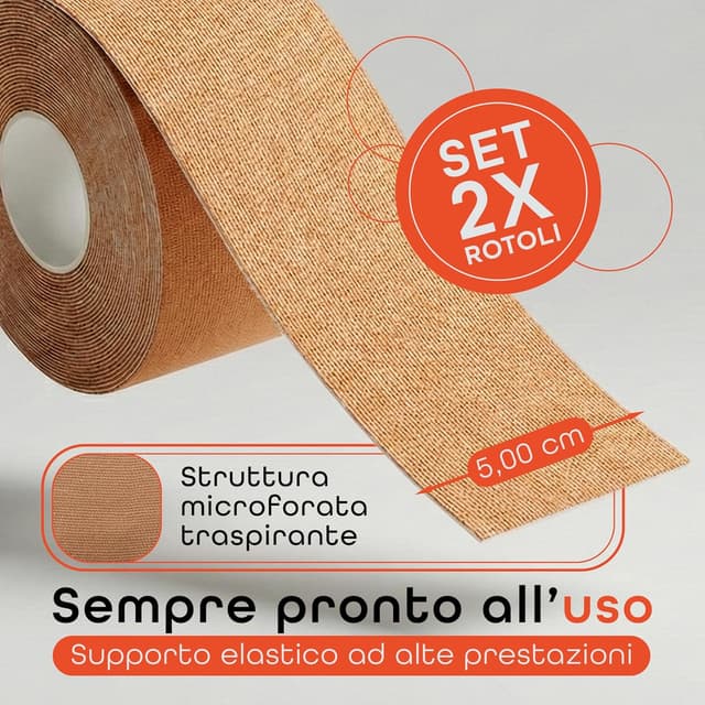Detalle de Kinesio Tape impermeabile professionale Generico, set da 2 rotoli di nastro kinesiologico