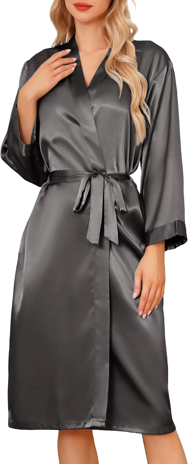 Detalle de Sopesil Peignoir satin femme à col en V (S à XXL) – robe longue de nuit, mariage et détente